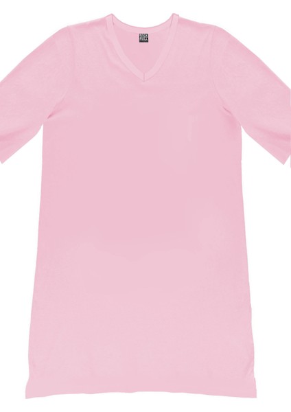 Düz Pembe V Yaka Yarım Kol Diz Boy Ev Elbisesi Gecelik modelleri