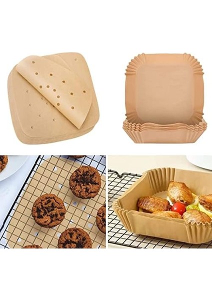 - 200 Adet Air Fryer Pişirme Kağıdı Tek Kullanımlık Hava Fritöz Yağlı Kağıdı Kare Delikli ve Tabak Model