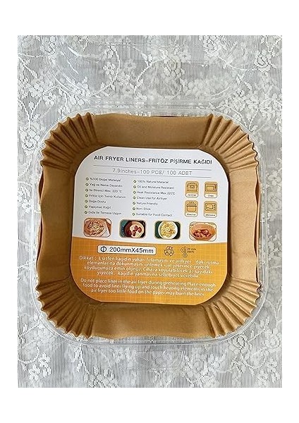 AirFryer Pişirme Kağıdı Xl ve Xxl Uygun Kare Tabak, Koruma Tabağı ile Birlikte, 20x20+4,5 Cm 100 Adet