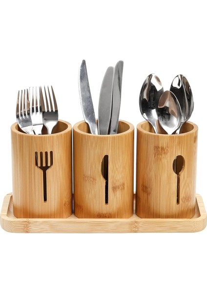 - Tezgah Üstü Kaşıklık 3'lü Organizer Set - Kaşık, Çatal, Bıçak Mutfak Malzemeleri Için Delikli Süzgeç Tabanlıklı 3 Adet Organizer Desenli Mutfak Düzenleyici Set, Bambu Stant Dahil
