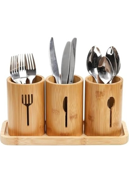 - Tezgah Üstü Kaşıklık 3'lü Organizer Set - Kaşık, Çatal, Bıçak Mutfak Malzemeleri Için Delikli Süzgeç Tabanlıklı 3 Adet Organizer Desenli Mutfak Düzenleyici Set, Bambu Stant Dahil