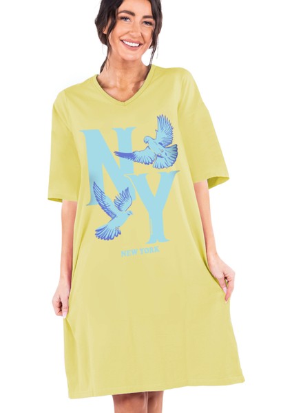 Ny Güvercin Açık Sarı V Yaka Yarım Kol Diz Boy Ev Elbisesi Gecelik