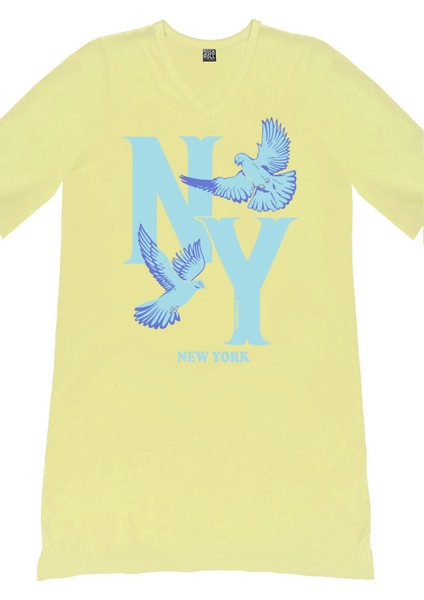 Ny Güvercin Açık Sarı V Yaka Yarım Kol Diz Boy Ev Elbisesi Gecelik fiyatları