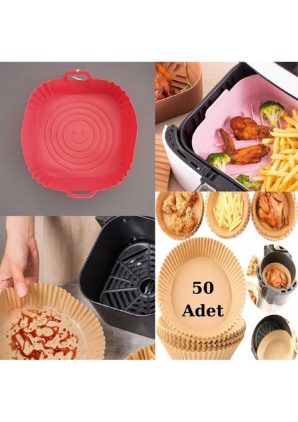 - Silikon Kare Pişirme Kabı Kırmızı+50 Adet Tek Kullanımlık Pişirme Kağıdı Xl-Xxl Tabak