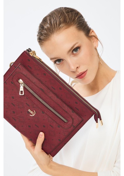 Kadın Basic Clutch Çanta Monogram Desen Bordo Siyah (4034B) 214031