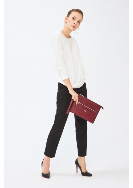Kadın Basic Clutch Çanta Monogram Desen Bordo Siyah (4034B) 214031