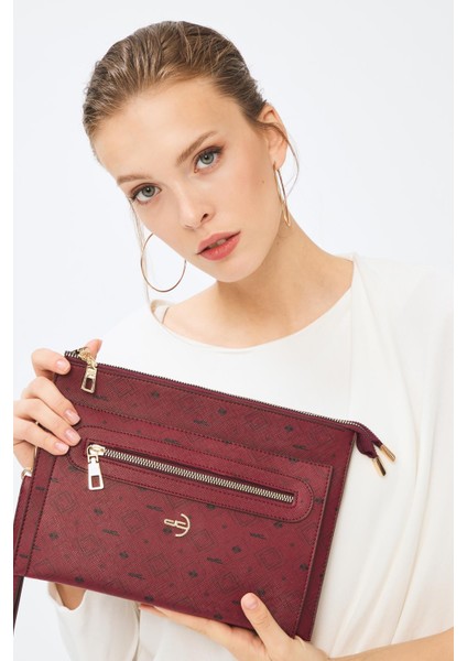 Kadın Basic Clutch Çanta Monogram Desen Bordo Siyah (4034B) 214031