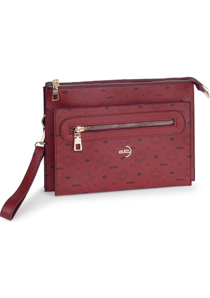 Kadın Basic Clutch Çanta Monogram Desen Bordo Siyah (4034B) 214031
