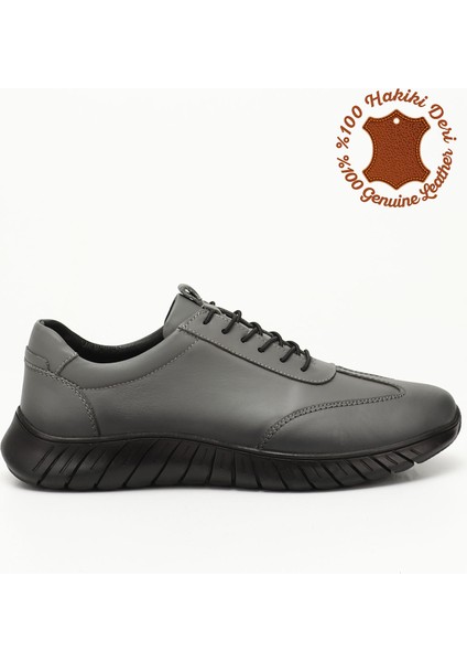 Erkek Gri Bağcıklı Kauçuk Taban Hakiki Deri Sneaker