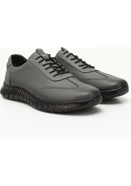 Erkek Gri Bağcıklı Kauçuk Taban Hakiki Deri Sneaker
