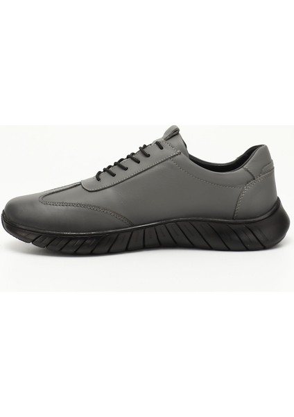 Erkek Gri Bağcıklı Kauçuk Taban Hakiki Deri Sneaker
