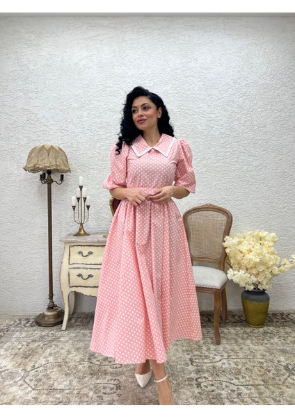 Yakalı Pembe Puantiyeli Beyaz Dantelli Kloş Elbise modelleri