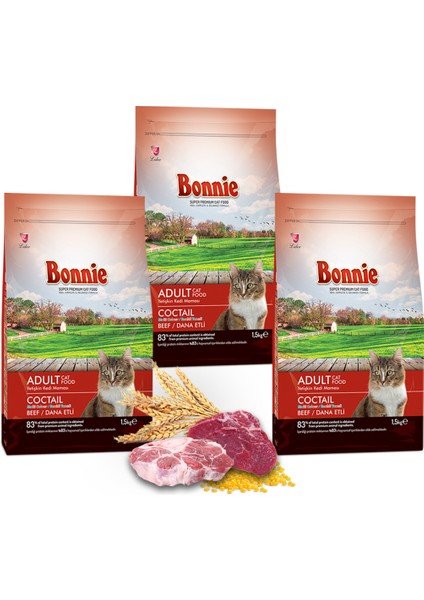 Renkli Taneli Dana Etli Yetişkin Kedi Maması 1,5 kg x 3