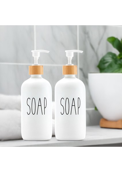 2 Adet Mutfak Banyo Sıvı Sabunluk - Cam Sıvı Sabun Şişesi 500 ml - Beyaz