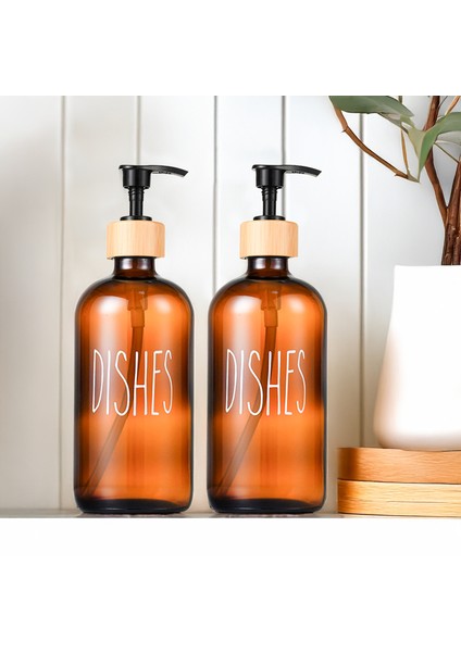 2 Adet Mutfak Sıvı Sabunluk - Cam Bulaşık Deterjanı Şişesi 500 ml - Amber