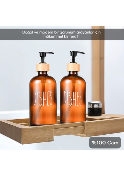 2 Adet Mutfak Sıvı Sabunluk - Cam Bulaşık Deterjanı Şişesi 500 ml - Amber modelleri