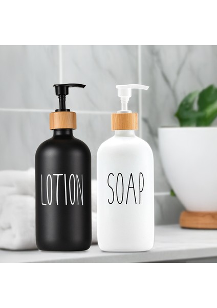 2 Adet Banyo Sıvı Sabunluk - Cam Losyon Şampuan Sıvı Sabun Şişesi 500 ml - Siyah Beyaz