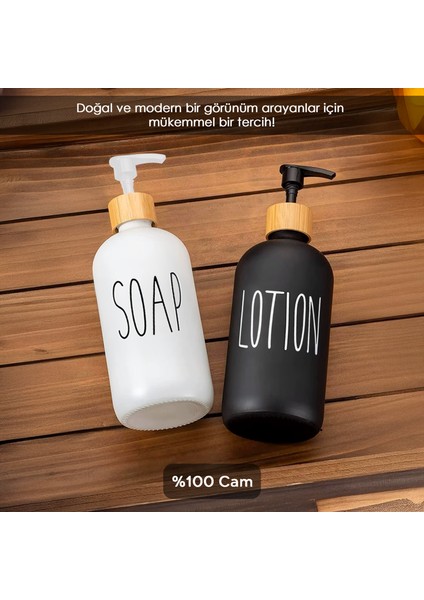 2 Adet Banyo Sıvı Sabunluk - Cam Losyon Şampuan Sıvı Sabun Şişesi 500 ml - Siyah Beyaz modelleri