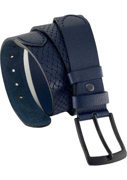 Lacivert Hakiki Deri Özel Üretim 3 Parçalı El Işçilikli 4 Cm.lik Unisex Spor Kot Kemer