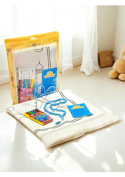 Boyamalı Yıkanabilir Eğitici Çocuk Seccadesi ve Tesbih Seti Mavi