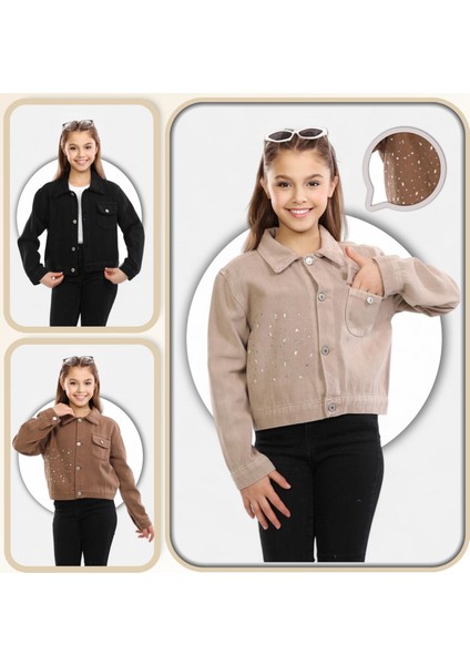 % 100 Pamuk-Denim-Serpme Taşlı-Kapaklı Cep-Düğmeli-Kız Çocuk Ceketi