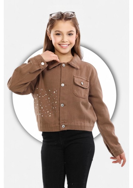 % 100 Pamuk-Denim-Serpme Taşlı-Kapaklı Cep-Düğmeli-Kız Çocuk Ceketi