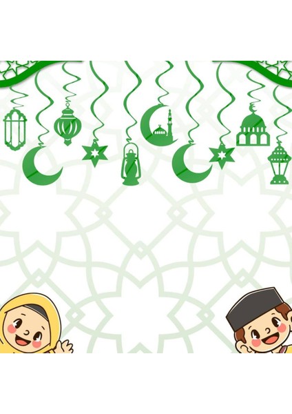 3D Hilal Kandil ve Ramazan Temalı 10LU Tavan Sarkıt Süsü - Yeşil