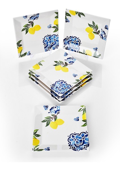 6'lı Şık Tasarım Handmade Limon Desen Pasta Tabak Seti Sunum Seti Servis Tabakları Tatlı Tabağı 20CM