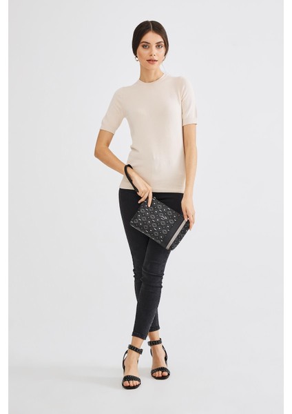 Kadın Basic Clutch Çanta Monogram Desenli Şeritli Siyah Gri (4006SG) 214012