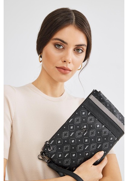Kadın Basic Clutch Çanta Monogram Desenli Şeritli Siyah Gri (4006SG) 214012