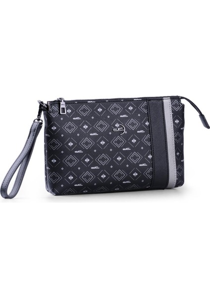 Kadın Basic Clutch Çanta Monogram Desenli Şeritli Siyah Gri (4006SG) 214012