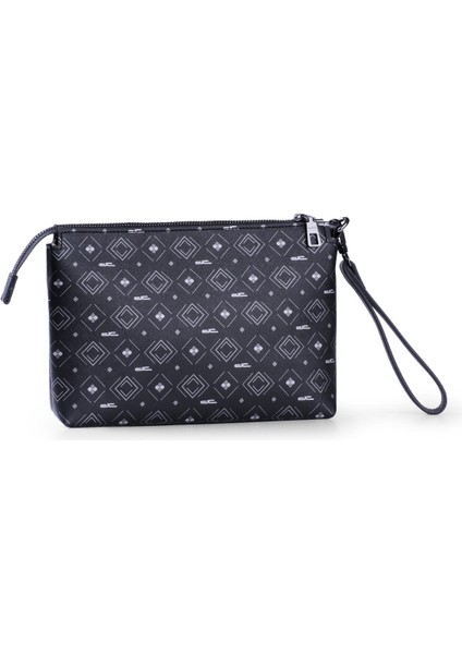 Kadın Basic Clutch Çanta Monogram Desenli Şeritli Siyah Gri (4006SG) 214012
