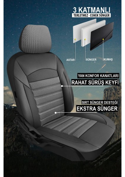 Hyundai Sonica Uyumlu 5 Koltuk Tam Set Oto Koltuk Kılıfı Terletme Yapmaz Gri