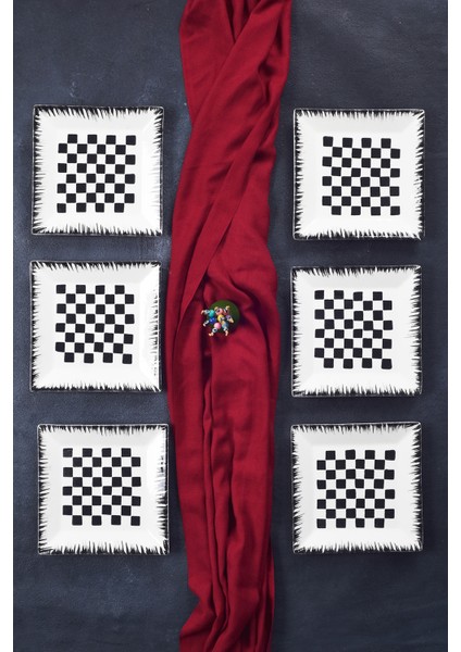 6'lı Şık Tasarım Dama Handmade Desen Pasta Tabak Seti Sunum Seti Servis Tabakları Tatlı Tabağı 20CM