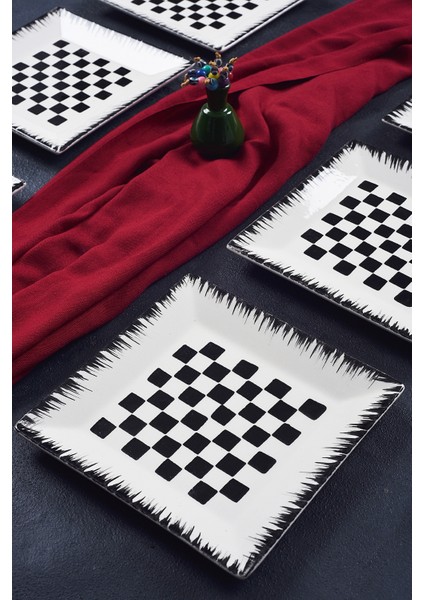 6'lı Şık Tasarım Dama Handmade Desen Pasta Tabak Seti Sunum Seti Servis Tabakları Tatlı Tabağı 20CM