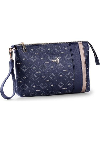 Kadın Basic Clutch Çanta Monogram Desenli Şeritli Lacivert Beyaz (4006L) 214012