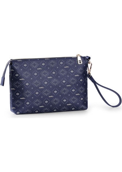 Kadın Basic Clutch Çanta Monogram Desenli Şeritli Lacivert Beyaz (4006L) 214012