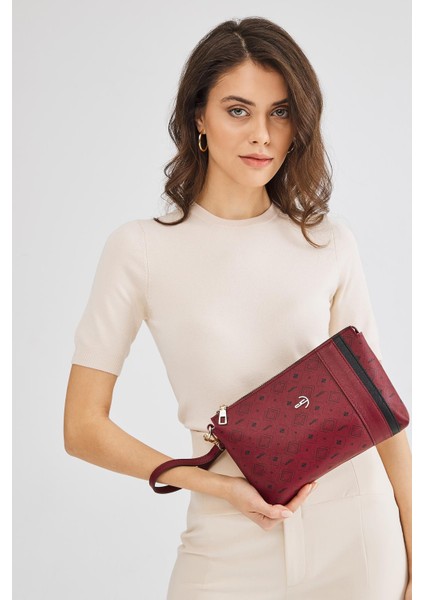 Kadın Basic Clutch Çanta Monogram Desenli Şeritli Bordo Siyah (4006B) 214012