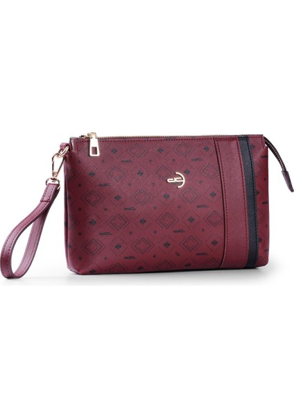 Kadın Basic Clutch Çanta Monogram Desenli Şeritli Bordo Siyah (4006B) 214012