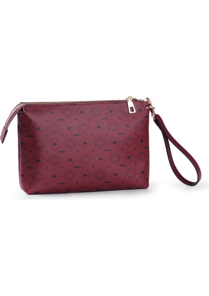 Kadın Basic Clutch Çanta Monogram Desenli Şeritli Bordo Siyah (4006B) 214012