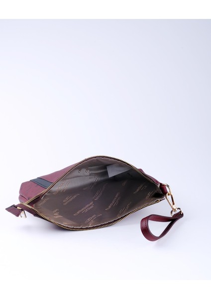 Kadın Basic Clutch Çanta Monogram Desenli Şeritli Bordo Siyah (4006B) 214012
