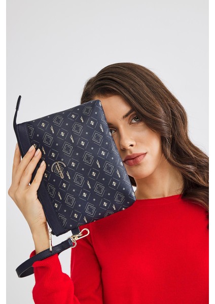 Kadın Basic Clutch Çanta Monogram Desenli Logolu Lacivert Beyaz (4010L) 214009