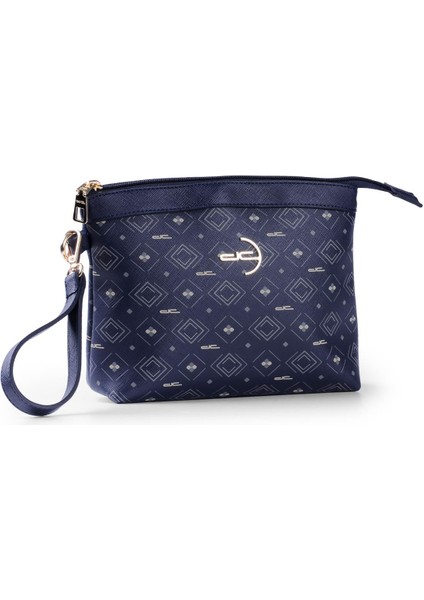 Kadın Basic Clutch Çanta Monogram Desenli Logolu Lacivert Beyaz (4010L) 214009
