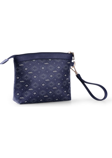 Kadın Basic Clutch Çanta Monogram Desenli Logolu Lacivert Beyaz (4010L) 214009