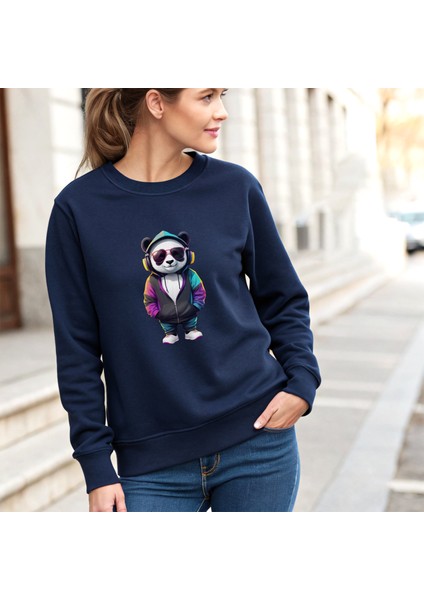 Bisklet Yaka Unisex Uzun Kollu Sweatshirt Banda Baskılı