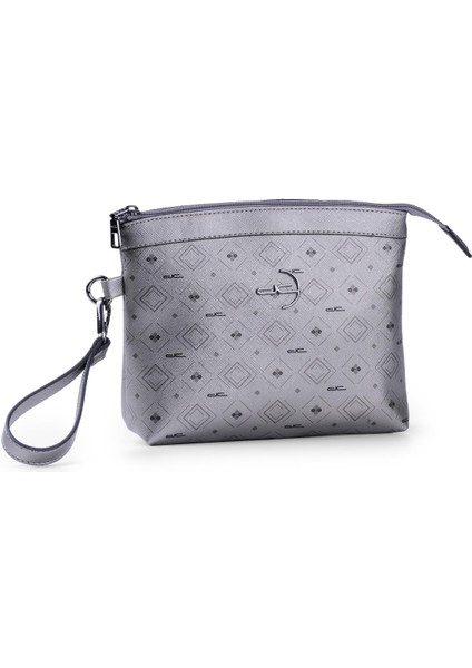 Kadın Basic Clutch Çanta Monogram Desenli Logolu Gümüş Siyah (4010G) 214009