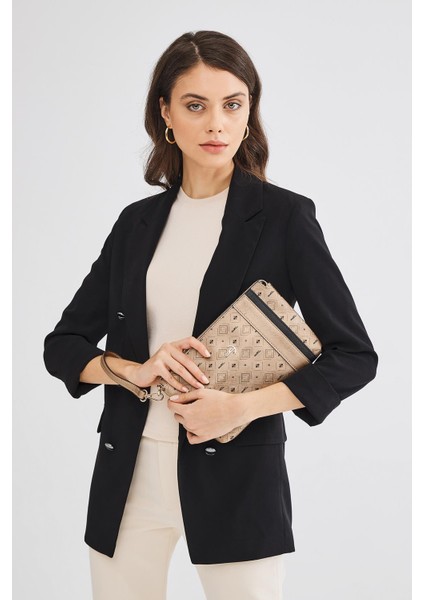 Kadın Basic Clutch Çanta Monogram Desenli Şeritli Altın Siyah (4006A) 214012