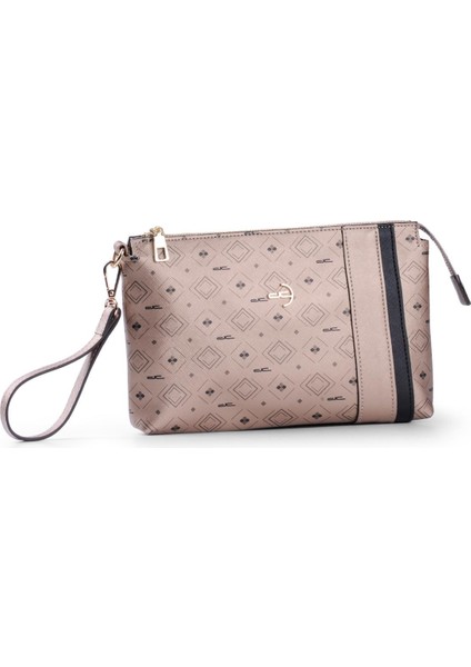 Kadın Basic Clutch Çanta Monogram Desenli Şeritli Altın Siyah (4006A) 214012