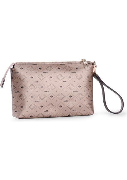 Kadın Basic Clutch Çanta Monogram Desenli Şeritli Altın Siyah (4006A) 214012