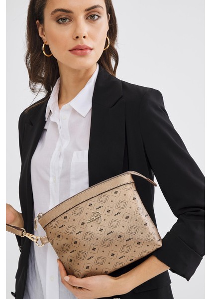 Kadın Basic Clutch Çanta Monogram Desenli Logolu Altın Siyah (4010A) 214009